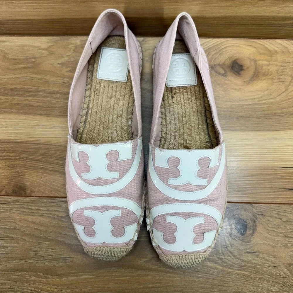 Tory Burch Espadrilles Pink White Flat 9 M Slip On Loafer Vacation Resort Summer